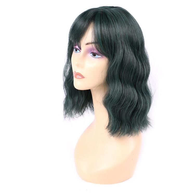 Wholesale Synthetic Fiber Ombre Green Short Wig Wavy Bob Wig with Bangs