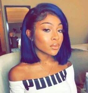 Blue Remy Brazilian Straight Human Hair Short Bob Lace Wig