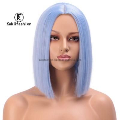 Kakiifashion Hair Blue Color Wholesale Heat Resistant Short Bob Silly Straight Synthetic Hair Wigs