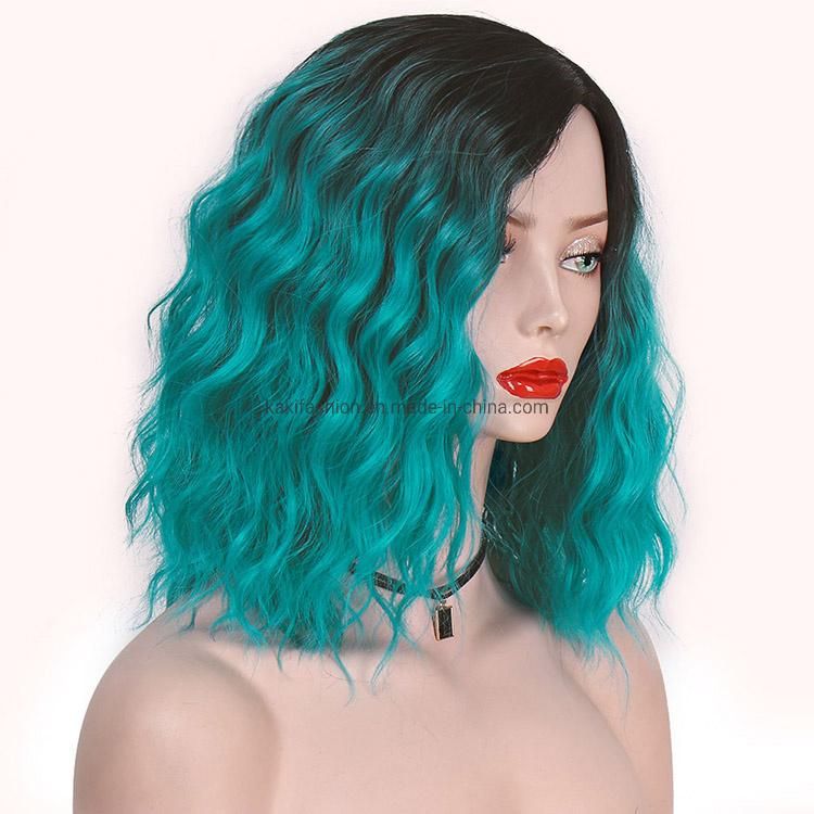 Kakiifashion Hair Natural Wave Short Bob Wigs Ombre Blue Synthetic Cosplay Wigs for Women