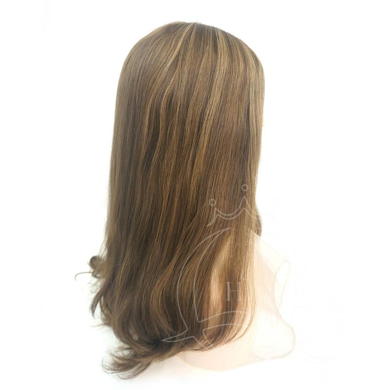 Big Layer Dark Brown Color Wig with Highlight Color Human Hair Wig Custom Wig for Israel Jewish Hasidic Women Kosher Wig Skin Top Wig Front Lace Can Be Adjust