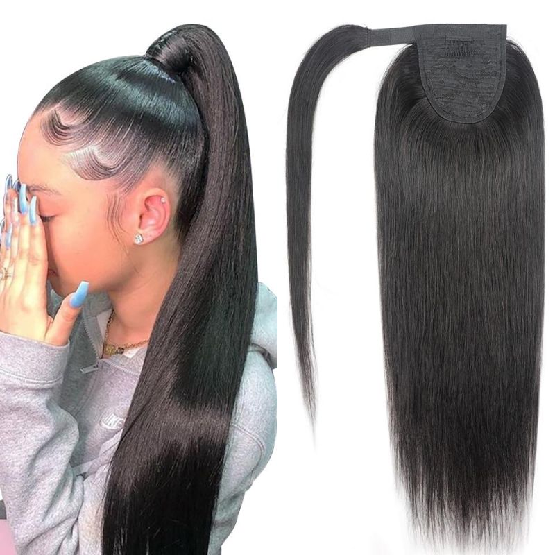 Ponytail Human Hair Wrap Around Straight Ponytail Extensions Remy Hair Ponytails Clip in Hair Extensions Natural Color