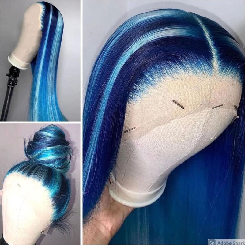 Blue Straight Wig Highlight Wig Human Hair Colored Brazilian Human Hair Wigs Lace Front Wig Transparent HD Lace Frontal Wigs 20 Inches for Women 150%
