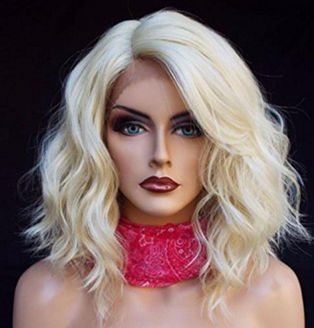 Lace Front Wig with Closure Women Short Platinum Blonde Wavy Lace Human Peruvian Hair Wigs for Woman 14 Inch