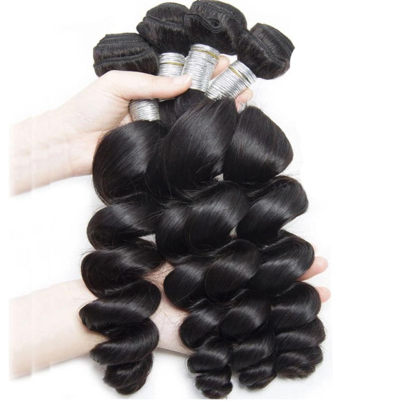 Brazilian Loose Wave Bundles with 13X4 Lace Frontal Remy Human Hair 3 Bundles with Frontal Closure Natural Color Hair Extension for Black Women