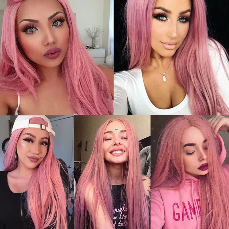 Lace Front Wigs, Long Straight Hair Peachpink Color Glueless Heat Resistant Fiber Hair Synthetic Lace Front Wigs