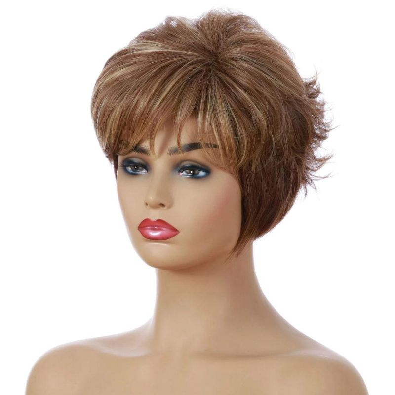 Short Wigs High Temperature Fiber Wig with Bangs Heat Resistant Synthetic Wig Mixed Color Straight for Women