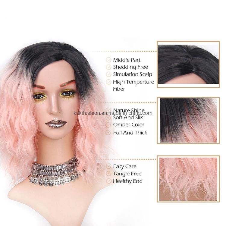 Kakiifashion Hair Wholesale Cosplay Vendor Cheap Curly Water Wave Ombre Pink Short Bob for Black Women Synthetic Hair Wigs