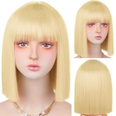 12 Inch Human Hairs Golden Color Synthetic Wigs for Women Bobo Short Wig Silky Straight Non-Remy Hair