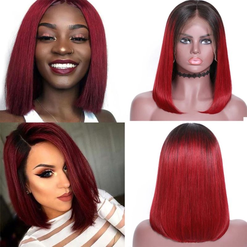 13X4 Short Bob Lace Front Wig Human Hair 150% Density Ombre Color T1b/Red