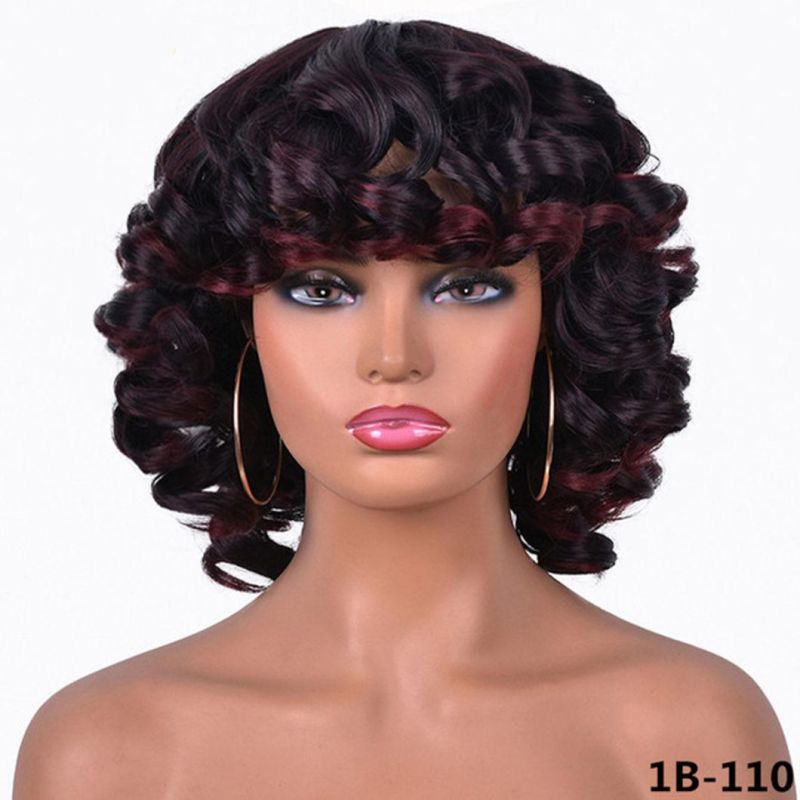 Brazilian Human Hair Short Hair Afro Curly Wig with Bangs Loose Fluffy Shoulder Length Natural Lace Front Wigs for Black Women 14"