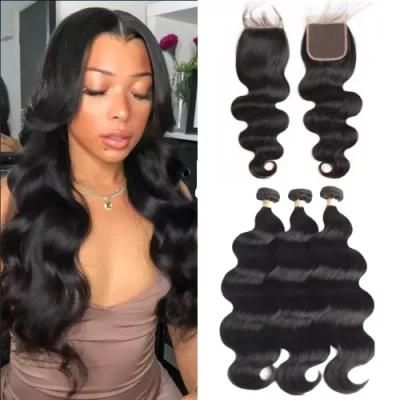 Hot Body Wave Human Hair Bundles with Closure Remy Brazilian Hair 4X4 Closure Hair Extension Hair Weave Bulk Human Hair Bundles Wholesale