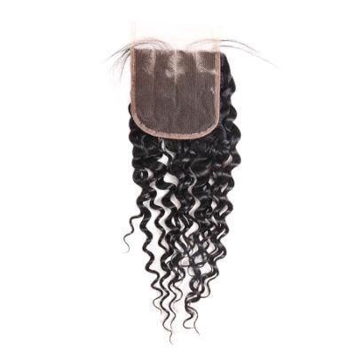 7A Virgin 4*4 Non-Remy Lace Frontal Closure Deep Wavy Free Part Hair Weave #Black