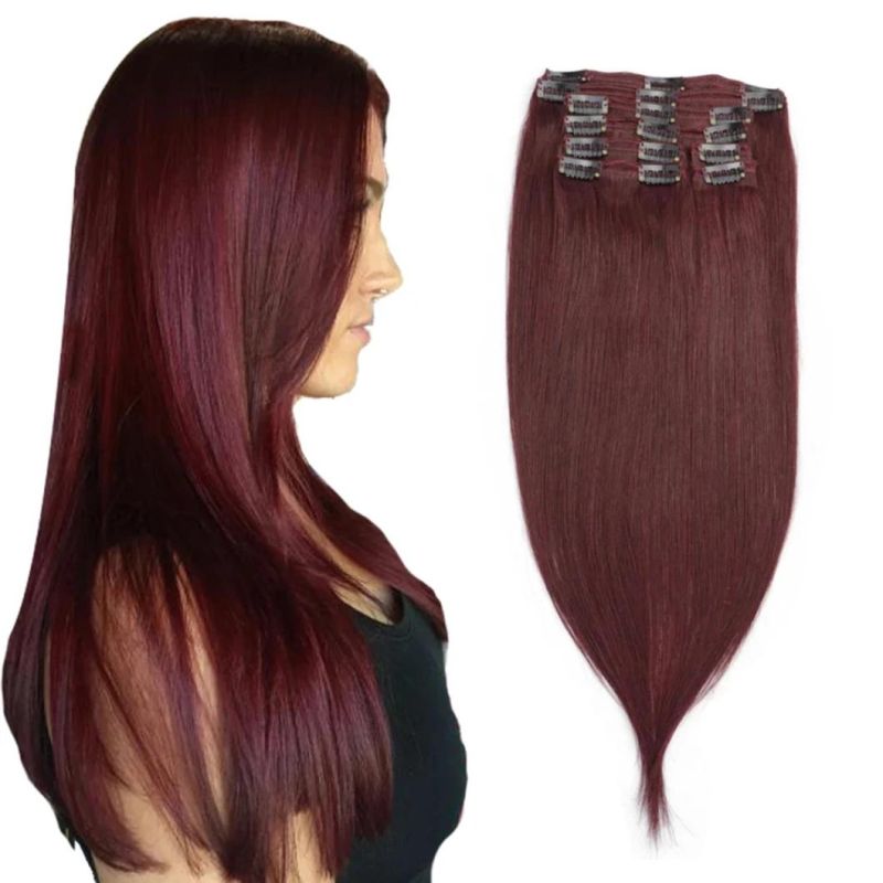 12" -24" Burgundy Clip in Human Hair 8PCS/Set Remy Clip in Extensions Full Head 99j# Brazilian Pure Color Clip in 22 Inches