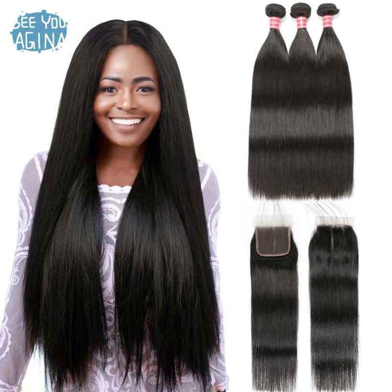 Brazilian Straight Weave Hair Bundles with Closure 3 Bundles Brazilian Hair Weave Bundles with Closure Remy Hair Weft
