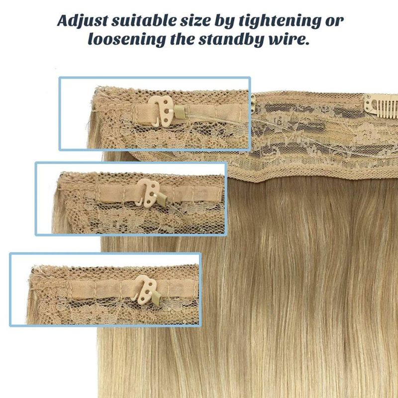 Human Hair Extensions Ash Blonde to Golden Blonde Mixed Platinum Blonde 14 Inch in Straight Hidden Crown Extension with Transparent Fish Line Invisible Hairpece