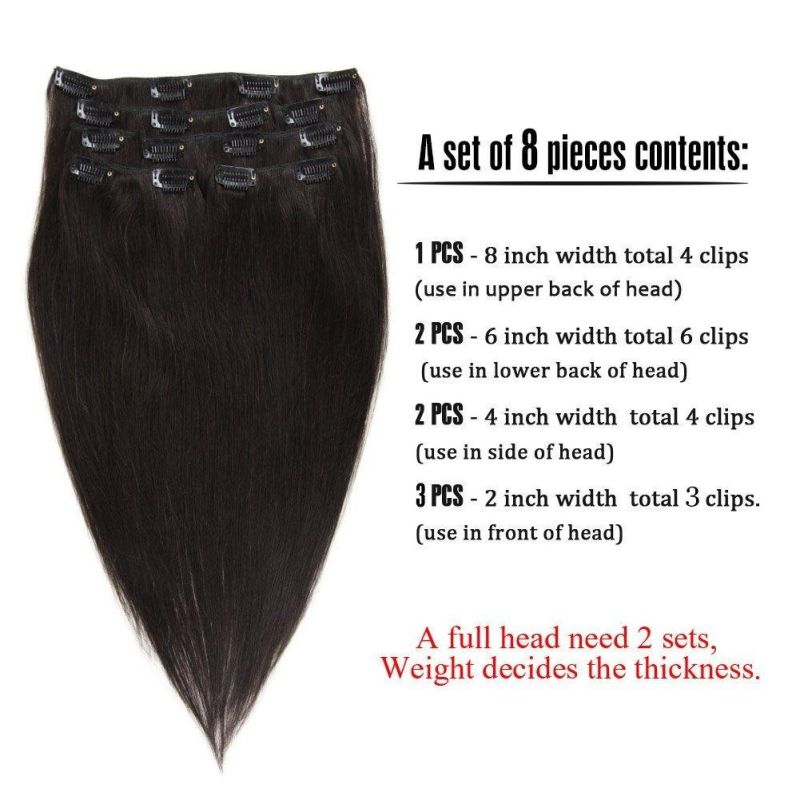 100% Human Hair Clip in Hair Extension 8pieces 20clips for Full Head Set Clip in Human Hair (AV-CH100-18-1B)