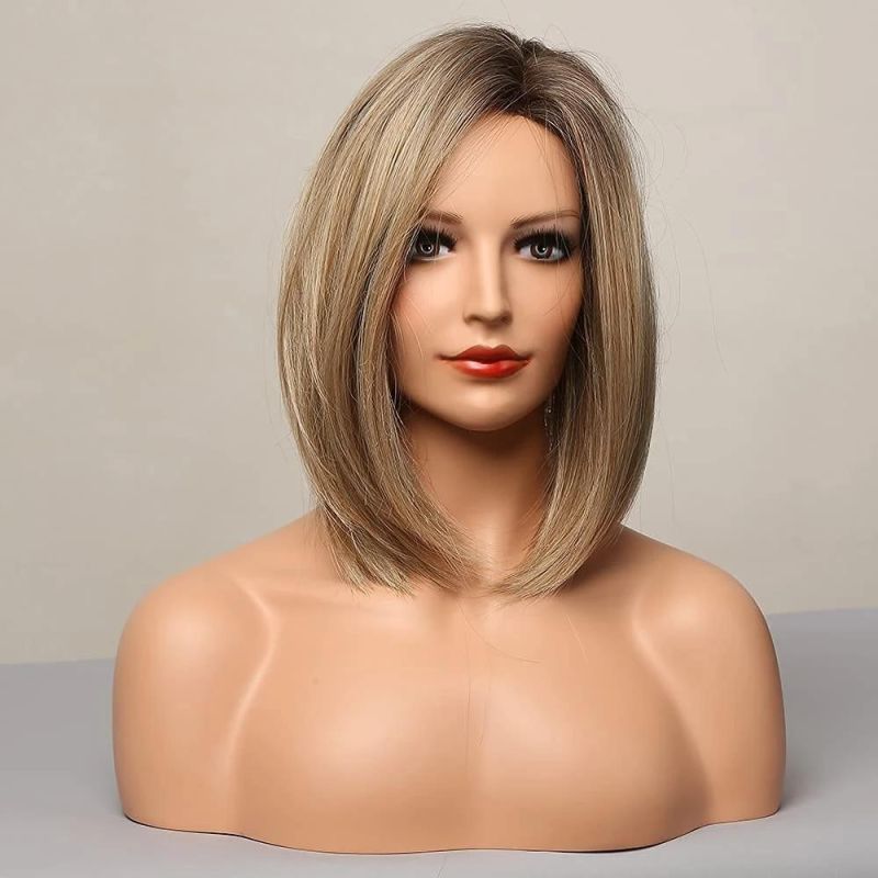 Blonde Wig Bobo Short Hair Side Parting Wig Hand-Tied Hairline Natural Women′s Shoulder Length Ombre Wig