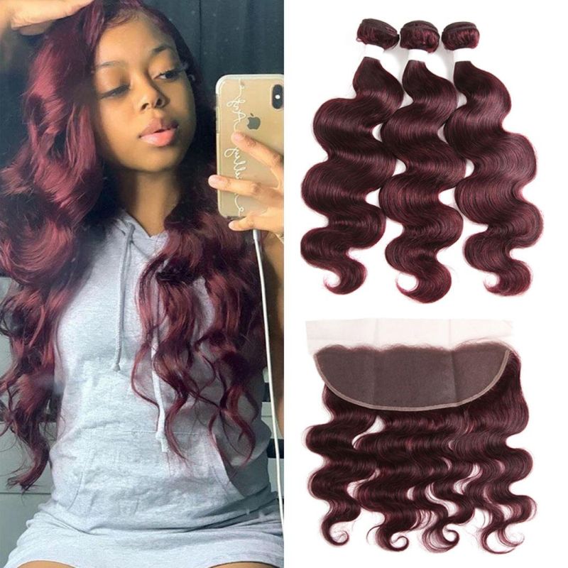 Brazilian Human Hair Bundles with Frontal Lace Auburn Brown Body Wave Non-Remy 100% Human Hair Weaves Bundle with Closure