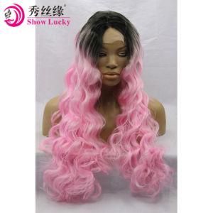 China Factory Supply Omber Wig Real Kanekalon Heat Resistant Fiber Hair Wig Front Lace Synthetic Hair Wig #1b/Grey/Pink Color