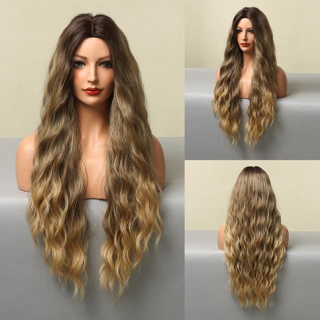 Freeshipping Synthetic Wigs Long Wavy Brown Blonde Ombre Natural Cosplay Hair Wigs for Black Women Middle Part Wig Heat Resistant Dropshipping Wholesale