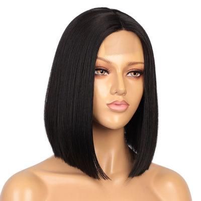16inch Black Short Silky Straight Heat Resistant Synthetic Fiber Lace Bob Wigs