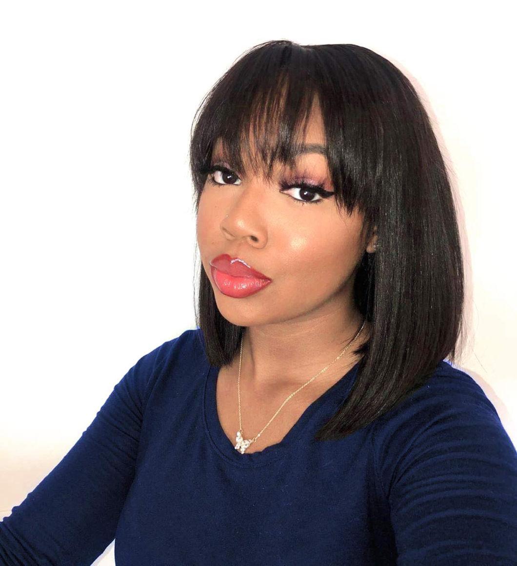 Short Bob Wigs with Bangs Brazilian Straight Human Hair Wigs Lace Front 4X4 Wigs Human Hair 150% Density Bob Wigs for Black Women Natural Color 12 Inches