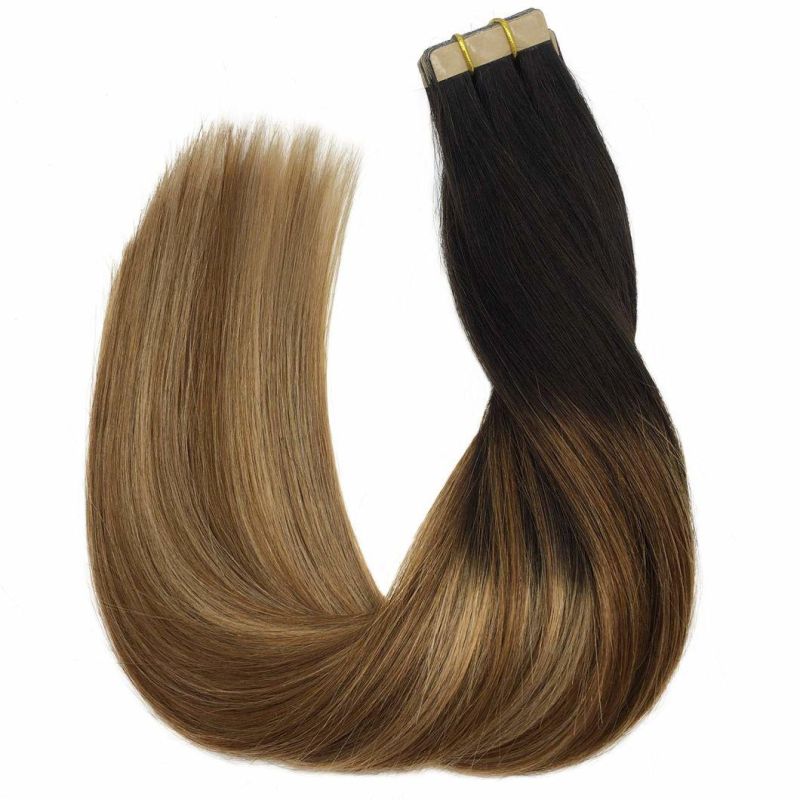 20inch Tape in Human Hair Extensions Balayage Dark Brown to Chestnut Brown and Dirty Blonde Ombre Remy Hair Extensions Tape in Straight Skin Weft 50g 20