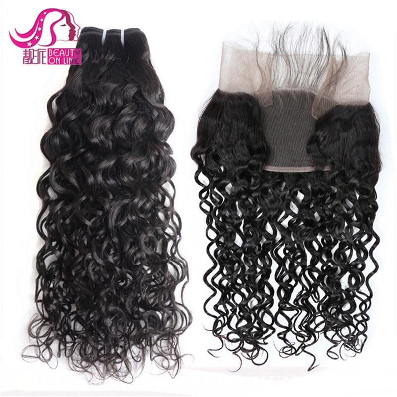 Water Wave Human Hair Weft Bundles with Lace Closures and Frontals