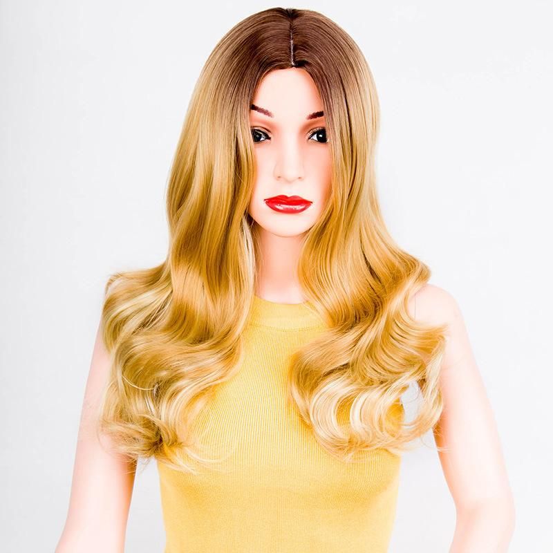 24 Inch Golden Body Wavy Synthetic Long Wigs Machine Made Human Hair for Women