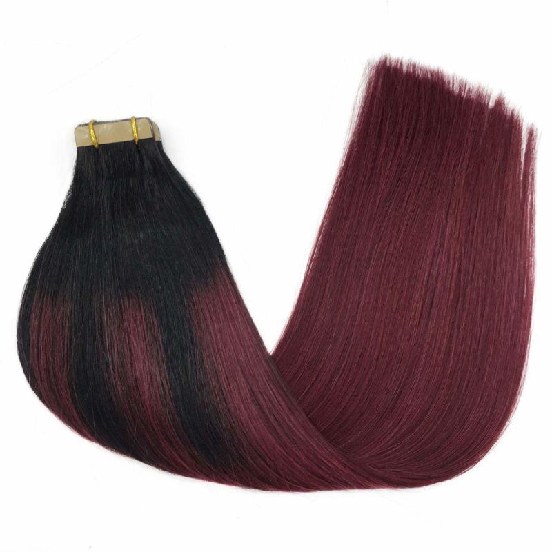24inch Remy Tape in Hair Extensions Balayage Jet Black to Red Ombre Human Hair Extensions Tape in Straight Natural Hair 20PCS 50g