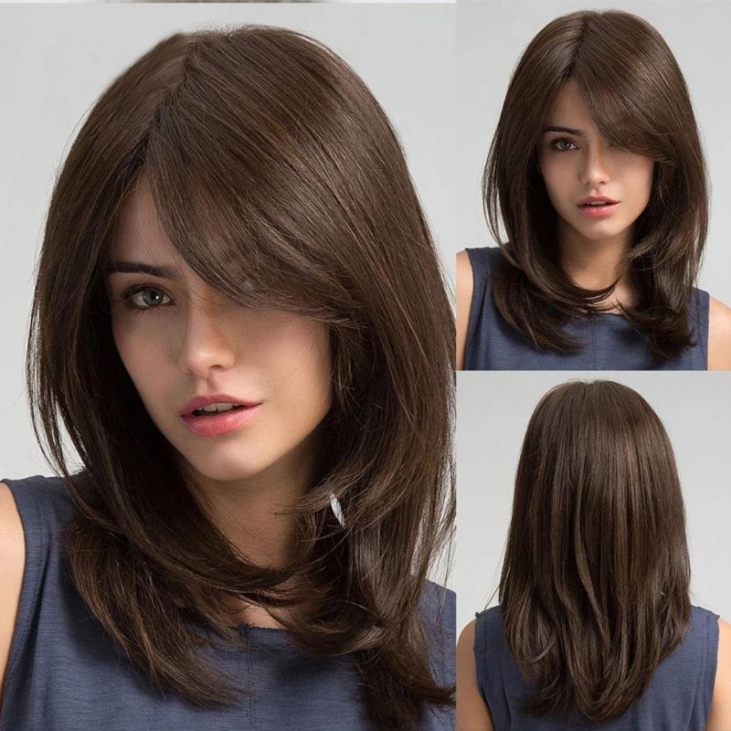 Dark Brown Brazilian Hair Lace Front Wig with Closure Daily Natural Wave Human Hair Wigs for Women Side Part Hair with Bangs 18 Inch