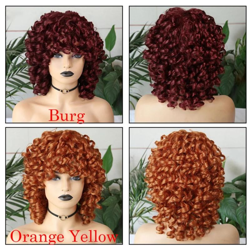 Wholesale Price Human Hair Short Hair Afro Curly Wig with Bangs Loose Fluffy Shoulder Length Natural Lace Front Brazilian Hair Wigs for Black Women 14 Inches