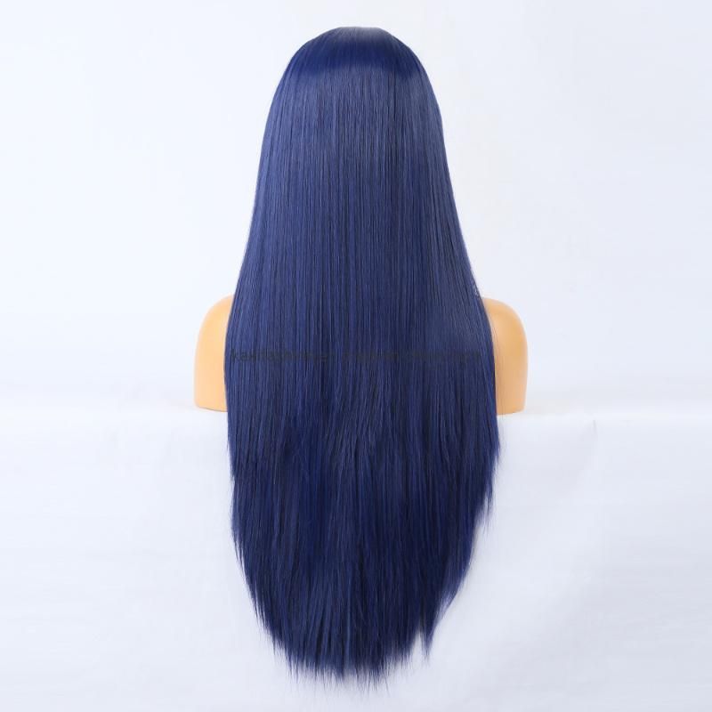 Cosplay Europe American Hot Selling Long Straight Dark Blue Synthetic Lace Frontal Wig