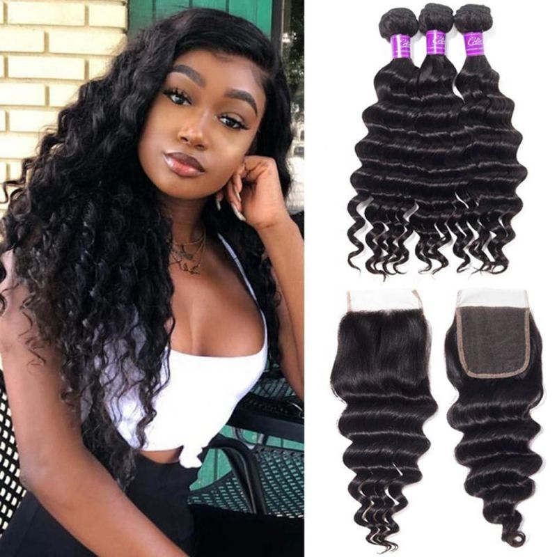 Kbeth Deep Wave Natural Brazilian Human Hair Bundles with Lace Closure Wholesale Virgin Deep Wave Hair Weave Bundles with Frontals