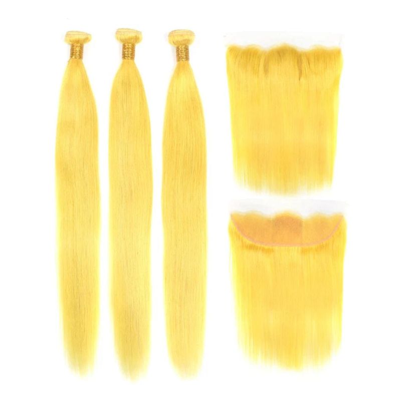 Yellow Brazilian Straight Human Hair Bundles with 13X4 Lace Frontal 8-30 Inch Remy Human Hair Extensions with Baby Hair for Woman