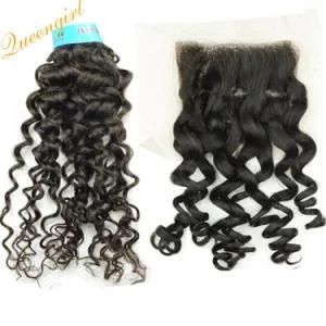Top Italy Curl Virgin Human Remy Hair Silk Lace Closure with Indian Hair Wefts Weave