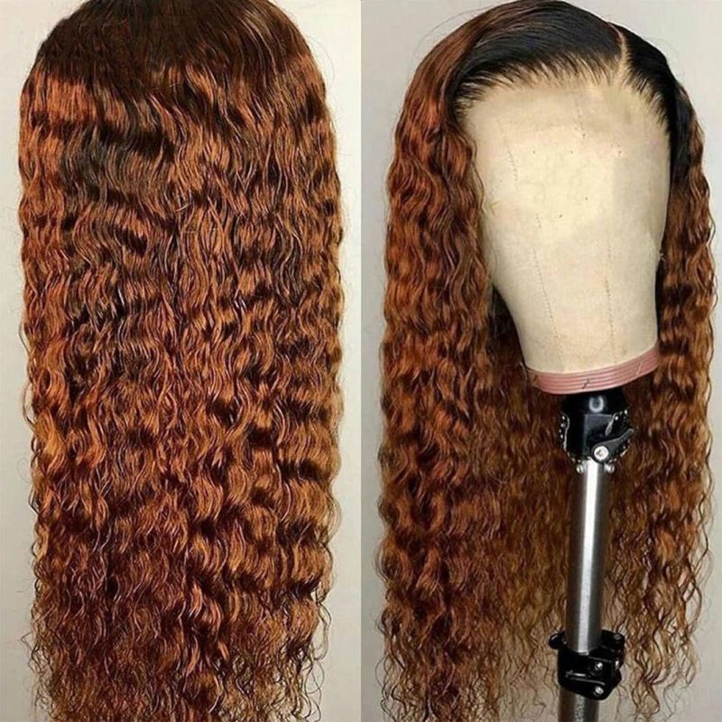 Factory Price Water Curly Deep Wave Remy Hair Color 1b/30 Human Hair Pre Plucked Ombre Highlight Lace Frontal Wig