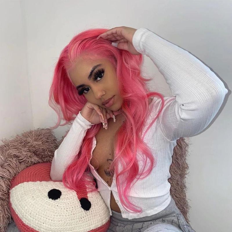 Pink Wig Body Wave Colored Brazilian Human Hair Wigs for Black Women HD Transparent Lace Part Wig 24 Inches