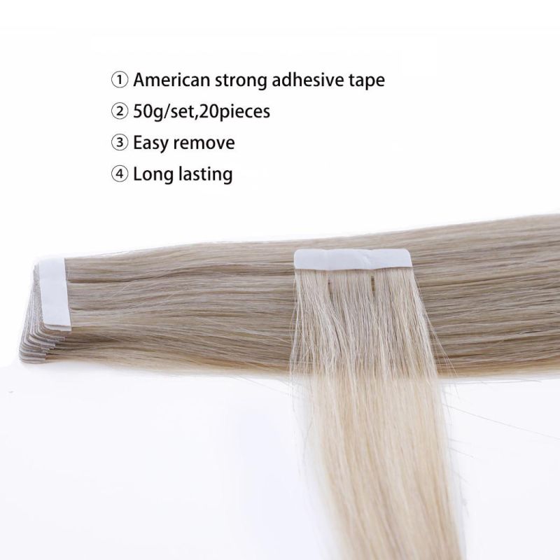 Human Hair for Woman Double Side Tape Hair Extensions Color 18 Ash Blonde Adhesive Skin Weft Seamless Silky Straight