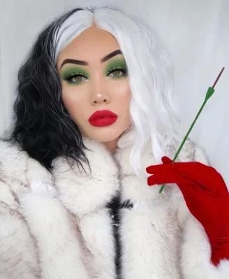 Black White Wigs for Cruella Women 14&lsquo; &rsquor; Short Bob Wavy Soft Hair Wig, Cute Wigs for Party Cosplay with Comfortable Wig Cap