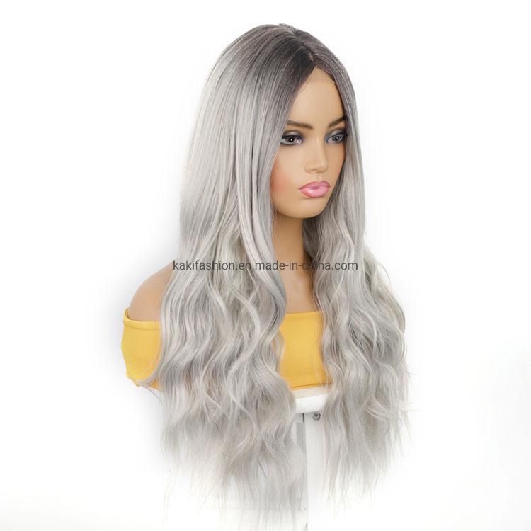 Lace Long Body Wavy Wig 26 Inch Ombre Grey Daily Party Use Heat Resisitant Synthetic Fiber
