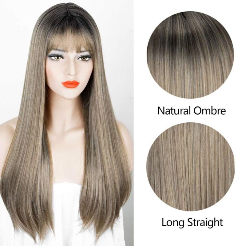 18 Inch Long Straight Wig with Bangs Synthetic Wigs for Women