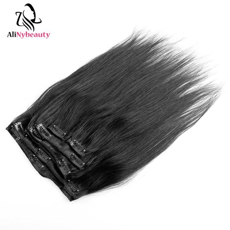 Alinybeauty 1b Black Color Silky Straight Wave Remy Clip in Hair Extensions