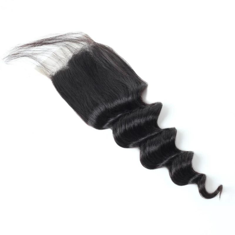 7A Virgin 4*4 Non-Remy Lace Frontal Closure Loose Deep Wavy Free Part Hair Weave #Black