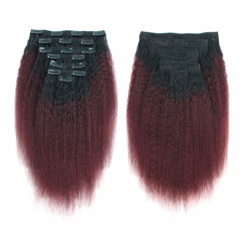 Kbeth Human Hair Extension Clip in for Black Women Weave Remy Long Tangle Free Yaki Kinky Straight 100% Unprocessed Red Wine Human Hair Extensions Silky