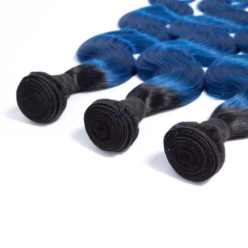 Straight Ombre Hair Bundles with Closure Blue Brazilian Human Hair Weave Bundles with Closure Remy Hair