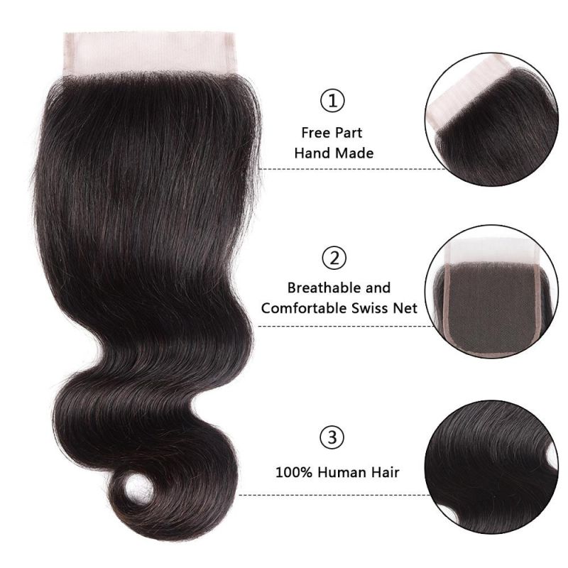 Brazilian Body Wave Virgin Human Hair Lace Closure 4X4 Free Part Natural Black
