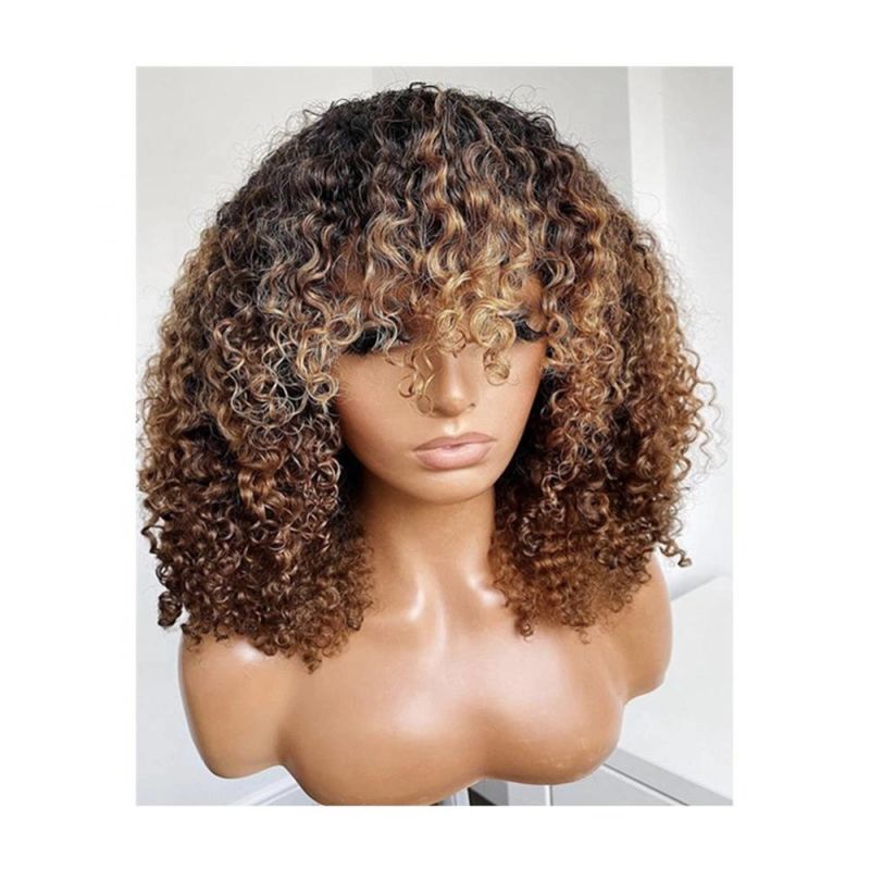 Kbeth Top Quality Fast Shipping Glueless Cheap Machine Made Human Hair Wigs Thick Highlight Color Curly Wigs with Bang Wholesale Price