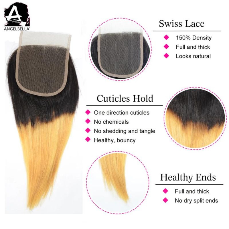Angelbella Silk Straight 100% Virgin Human Hair Closures 1b#-27# Two Tone Indian Swiss Lace Closure
